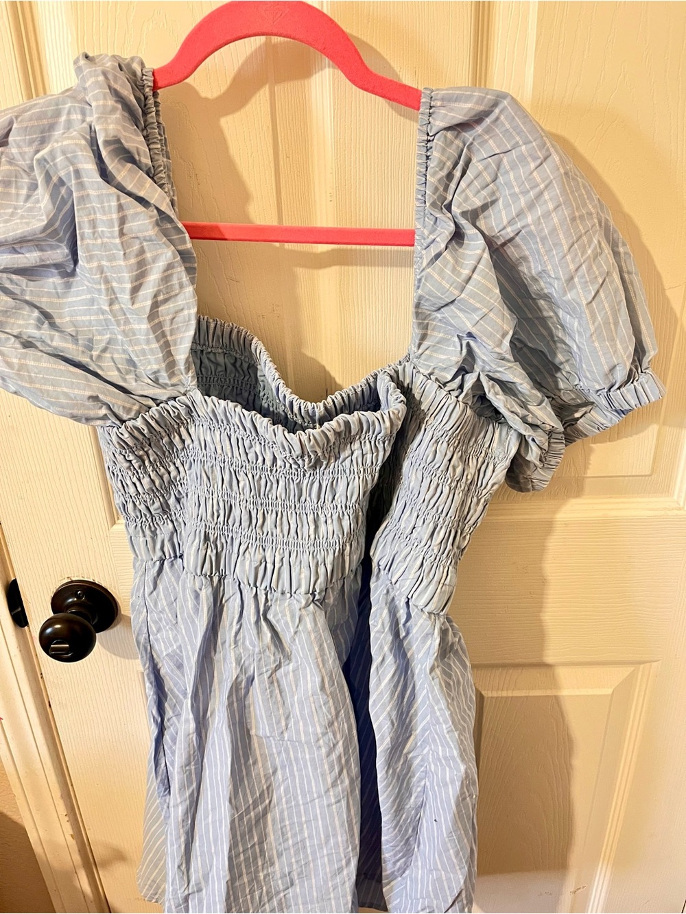Celebrity Pink Light Blue Striped Smocked Mini Dress